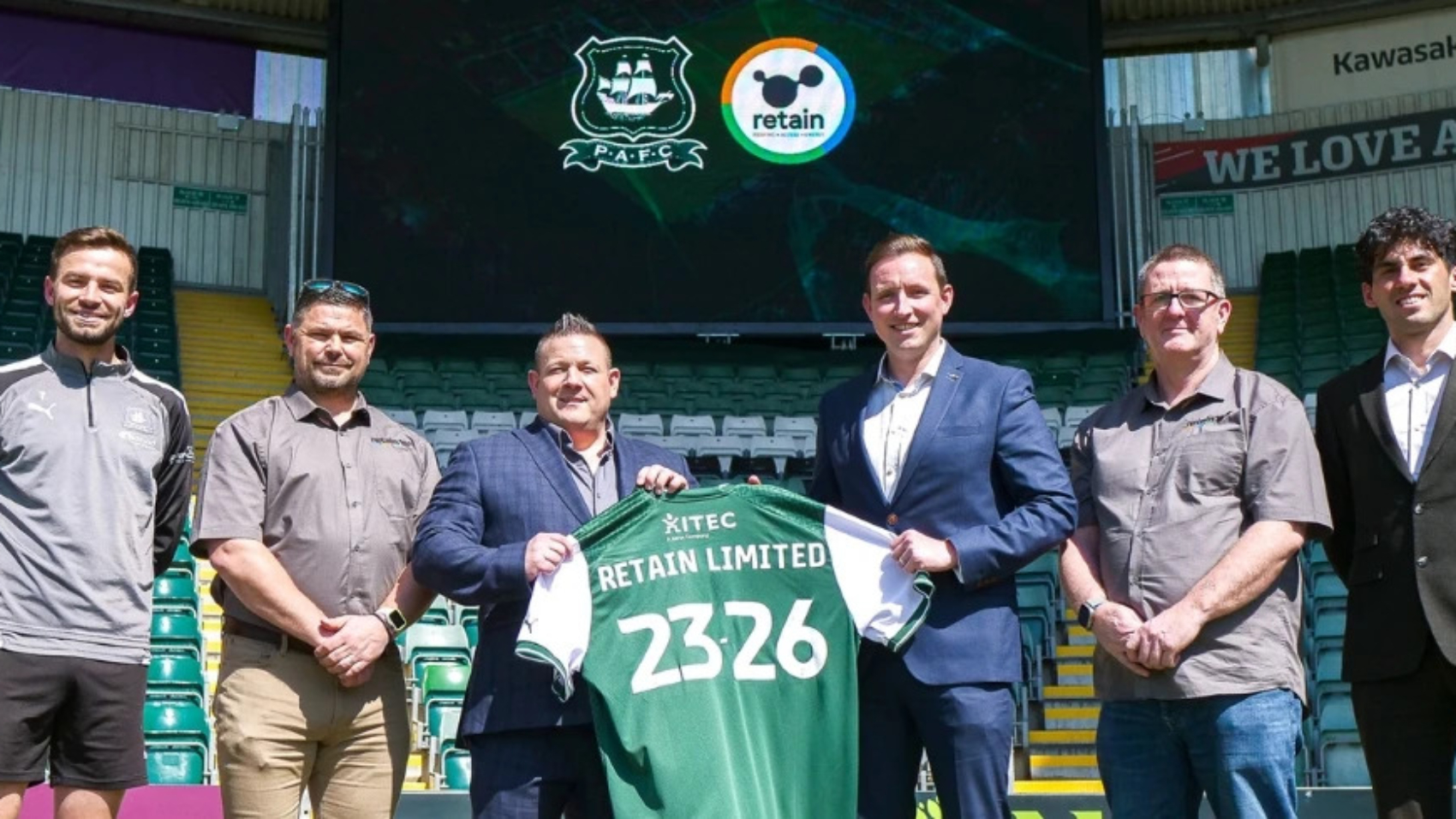 The directors of Retain are pictured with representatives of Plymouth Argyle to announce the shorts sponsorship